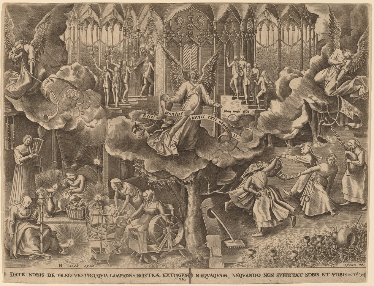 De Parabel van de Wijze en Dwaze Maagden door Philip Galle after Pieter Bruegel the Elder