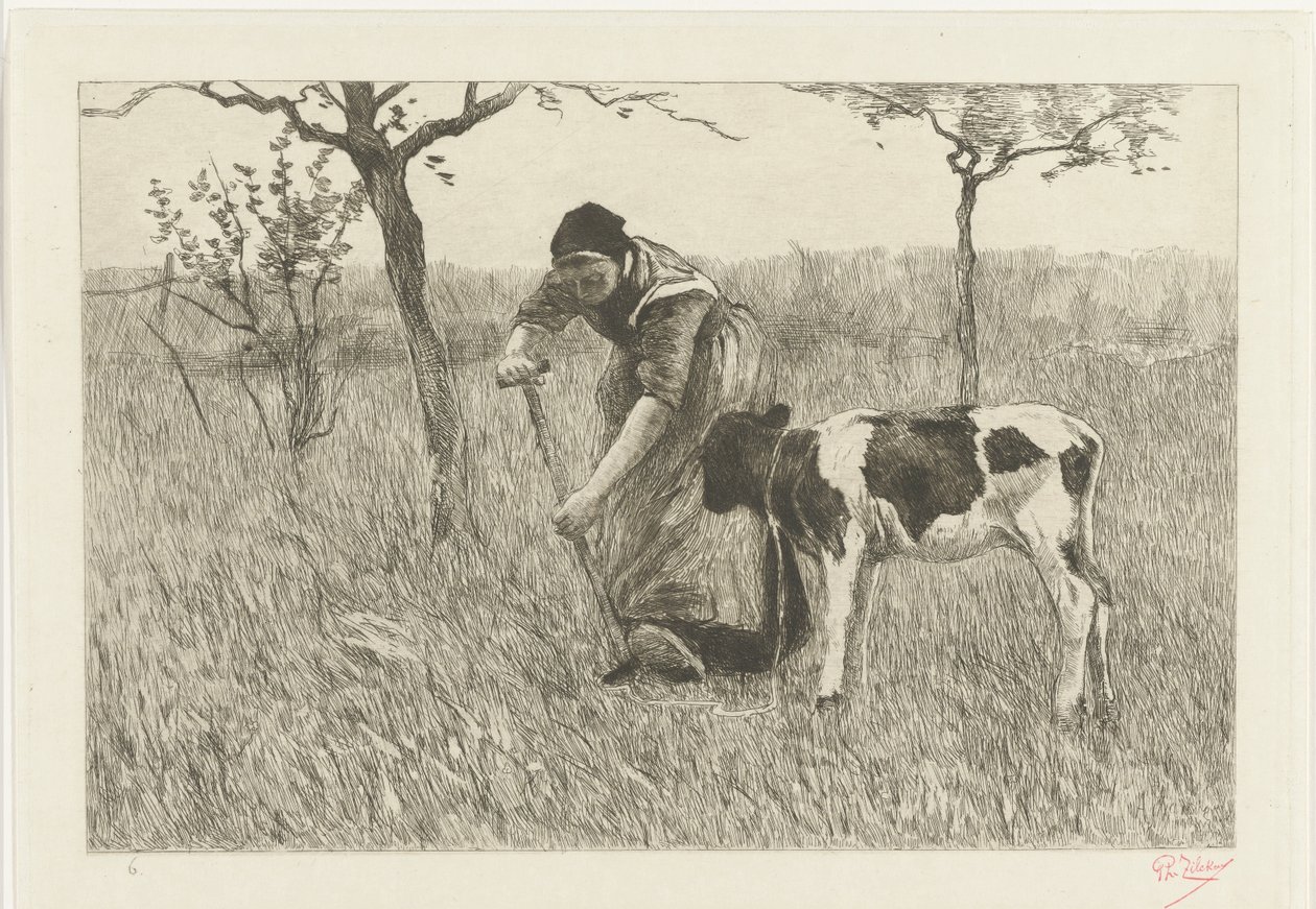 Gravende boerin bij kalf door Philip Zilcken (signed by artist)