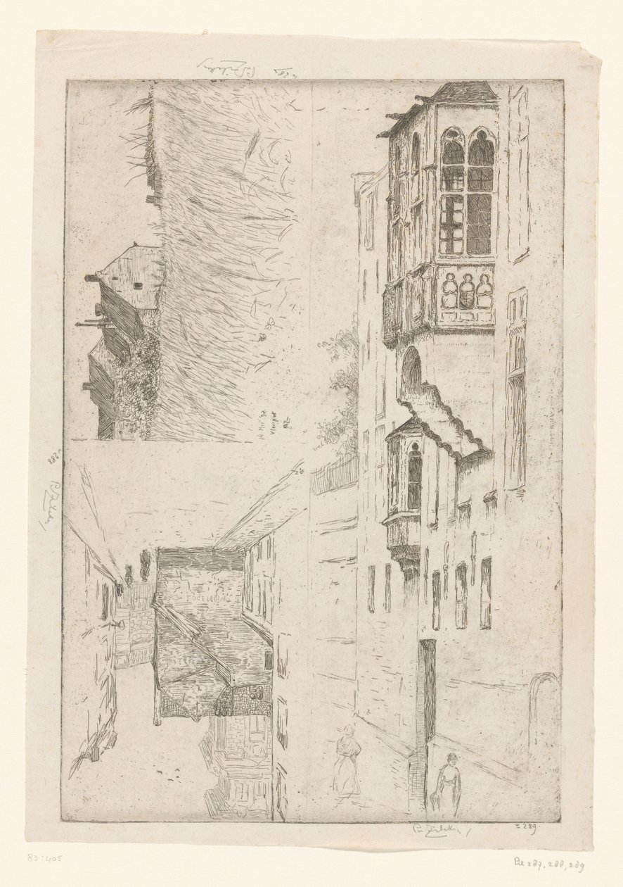 Korenveld met huizen en twee gezichten op huizen in een stad door Philip Zilcken (signed by artist)