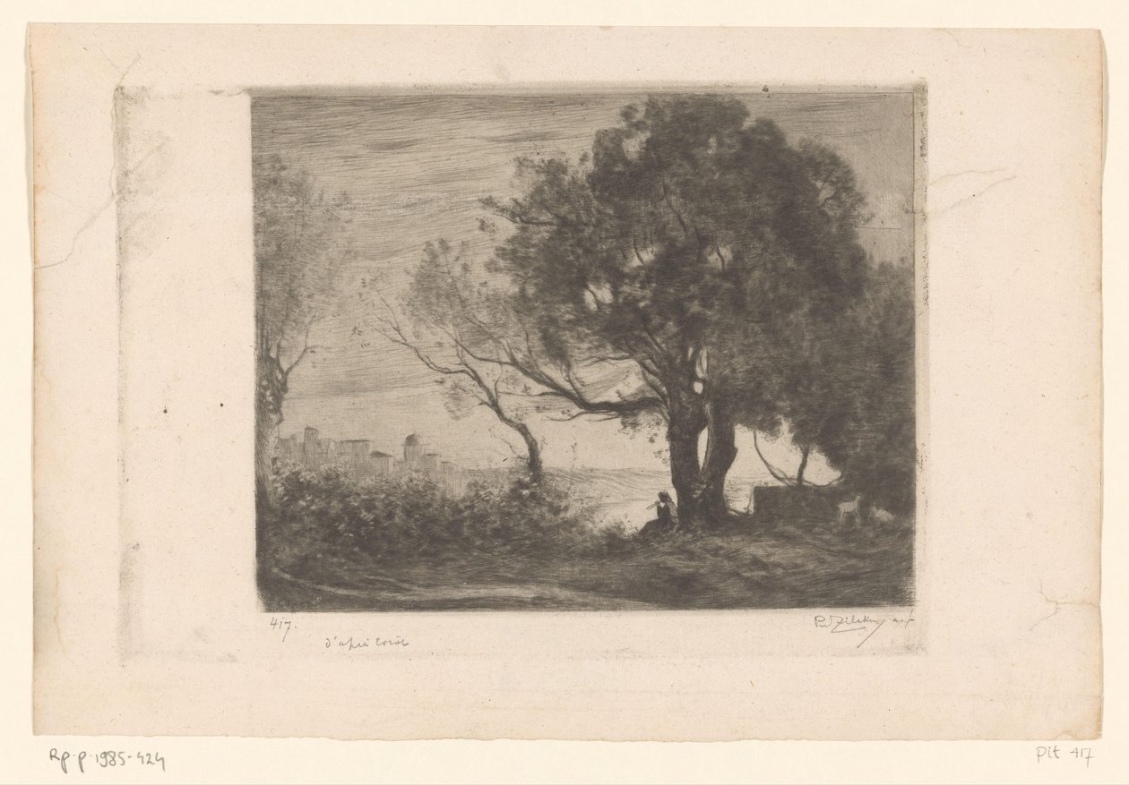 Landschap met fluitspeler onder een boom en silhouet van een stad door Philip Zilcken (signed by artist)