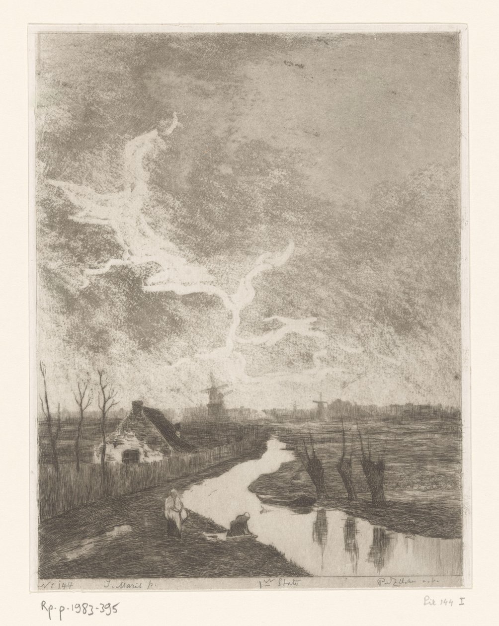 Weidelandschap met sloot, boerderij en molens door Philip Zilcken (signed by artist)