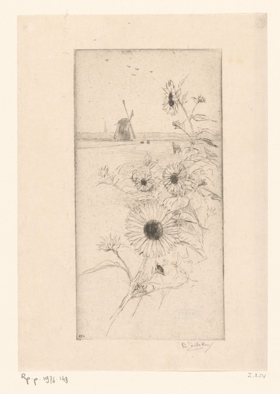 Zonnebloemen voor een weidelandschap met paarden en molen door Philip Zilcken (signed by artist)