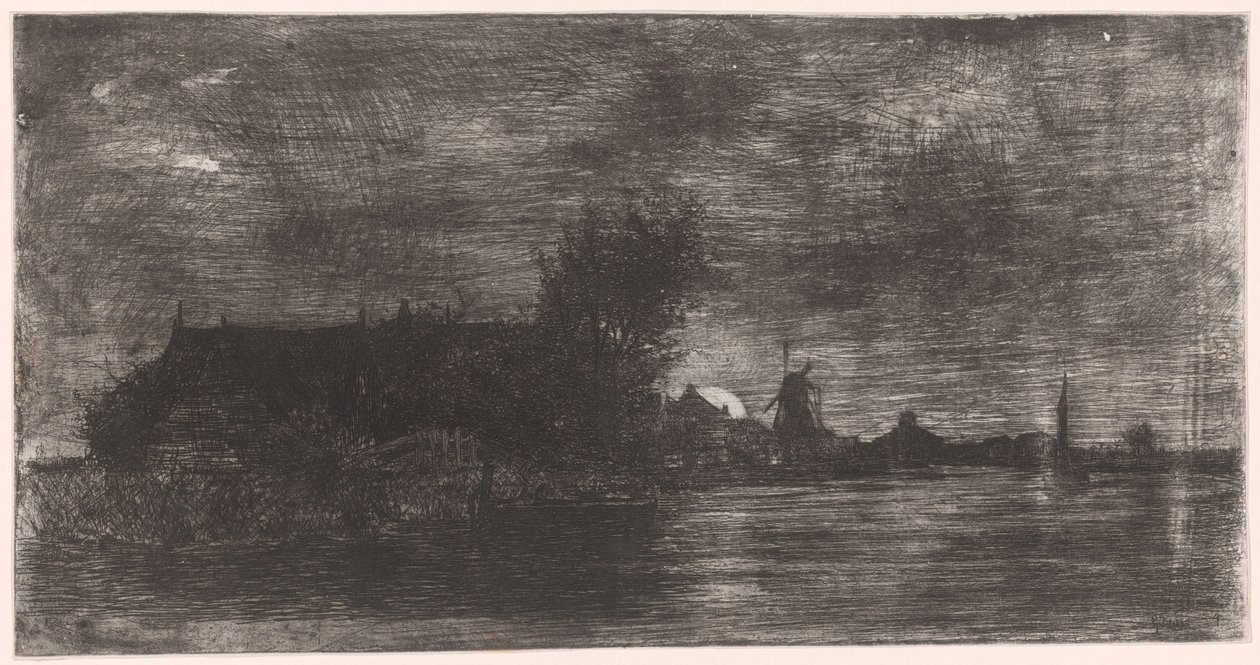 Landschap met huizen en molen aan het water door Philip Zilcken