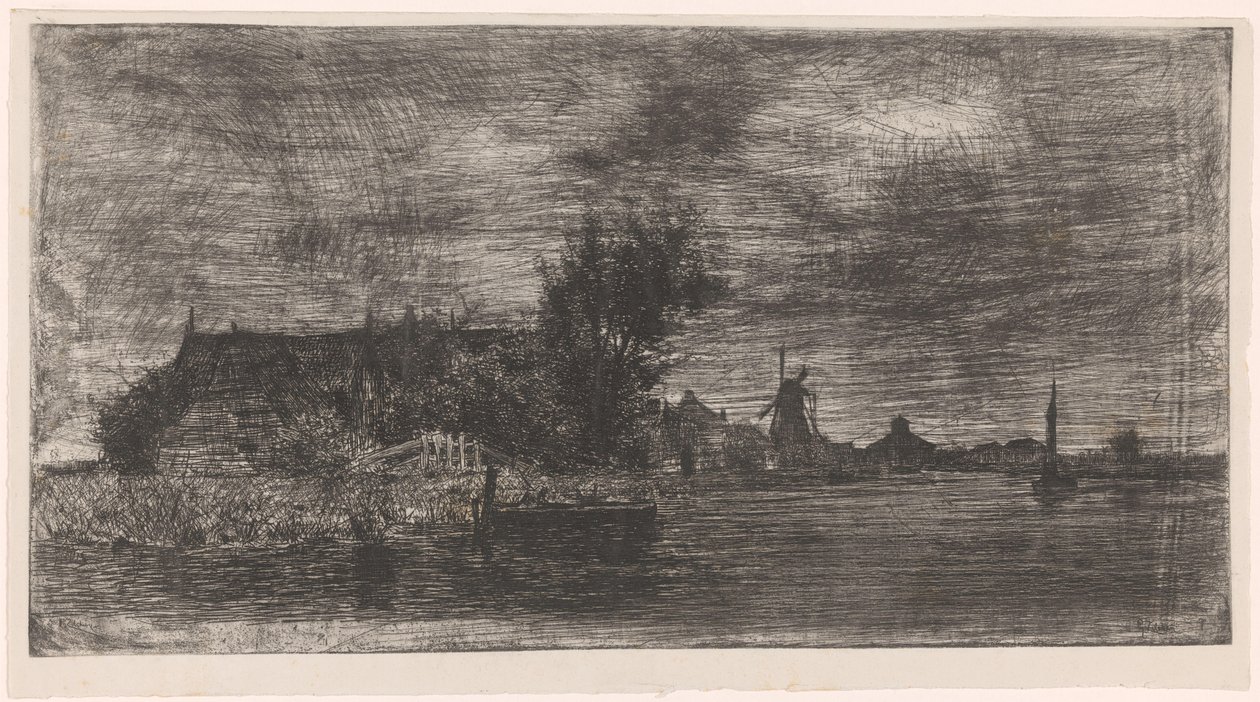 Landschap met huizen en molen aan het water door Philip Zilcken