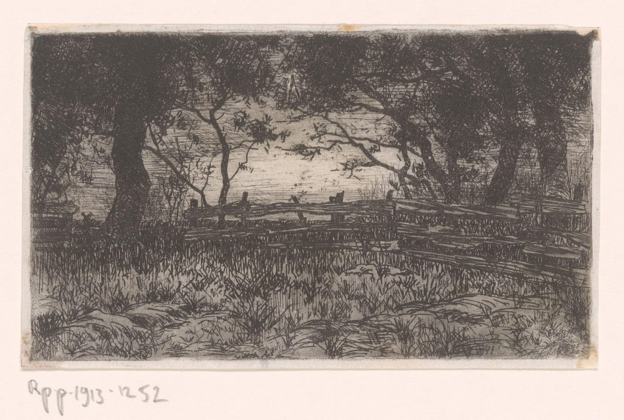 Weiland met hek en bomen door Philip Zilcken