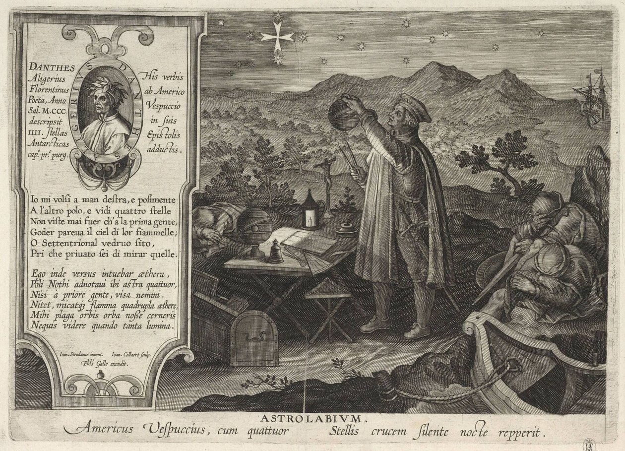 Amerigo Vespucci ontdekt het Zuiderkruis met een astrolabium Americae Retectio door Philipp Galle