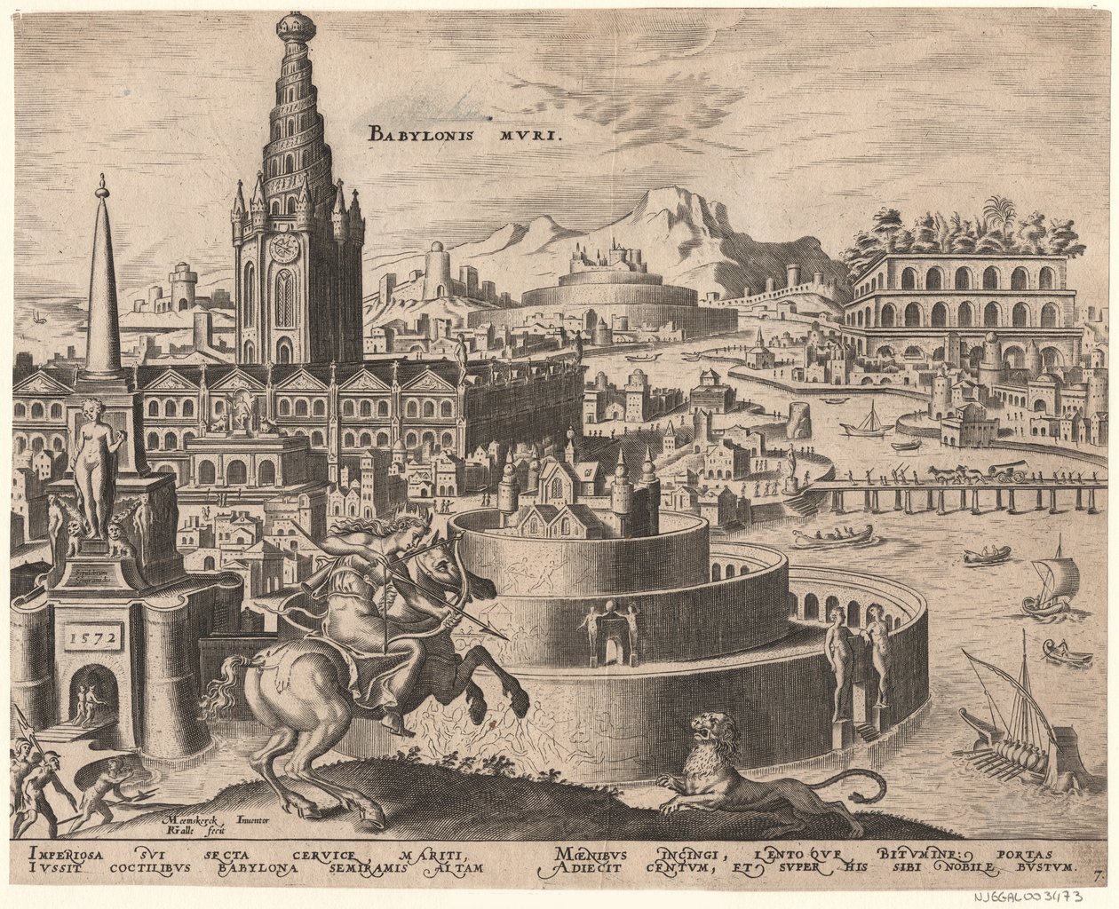 Die Mauern von Babylon uit de serie De Achtste Wonderen van de Wereld Na Maarten van Heemskerck, 1572 door Philipp Galle