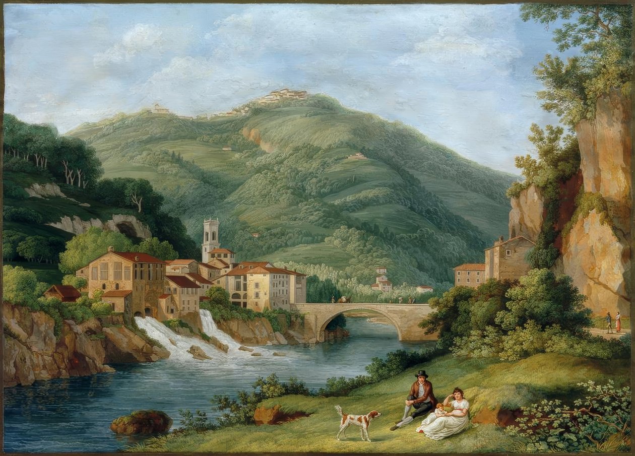 Brug bij Serraglio su la Lima in Bagni di Lucca door Philipp Hackert