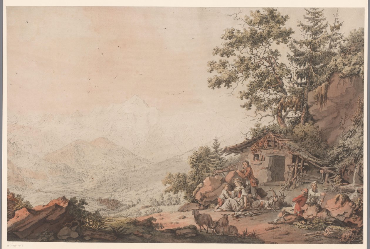 Familie bij een huis in de bergen door Philipp Jacques Loutherbourg (I) (attributed to)