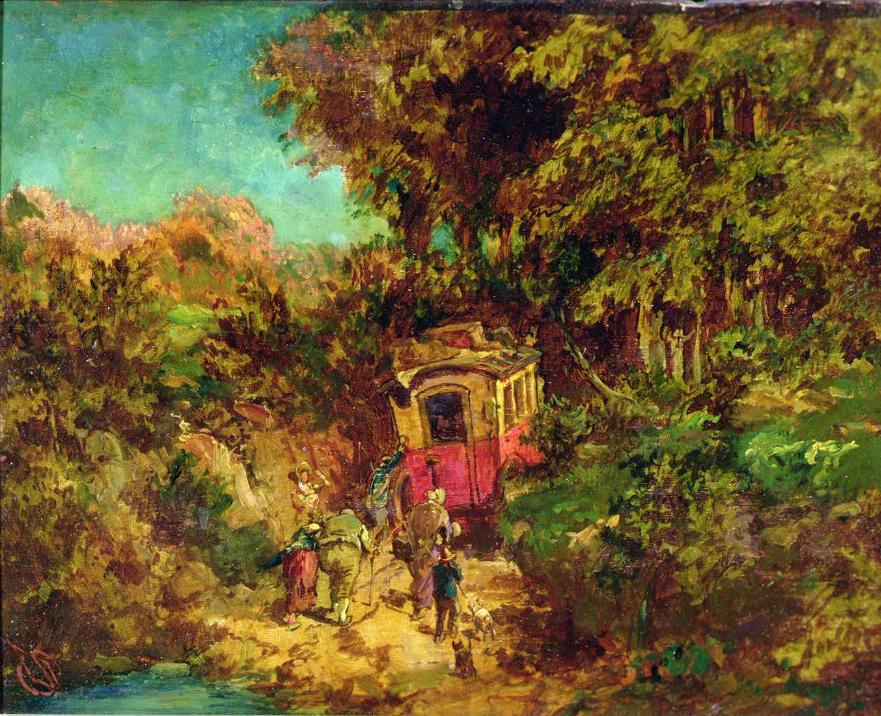 Postkoets in het ravijn (olieverf op paneel) door Philipp Sporrer
