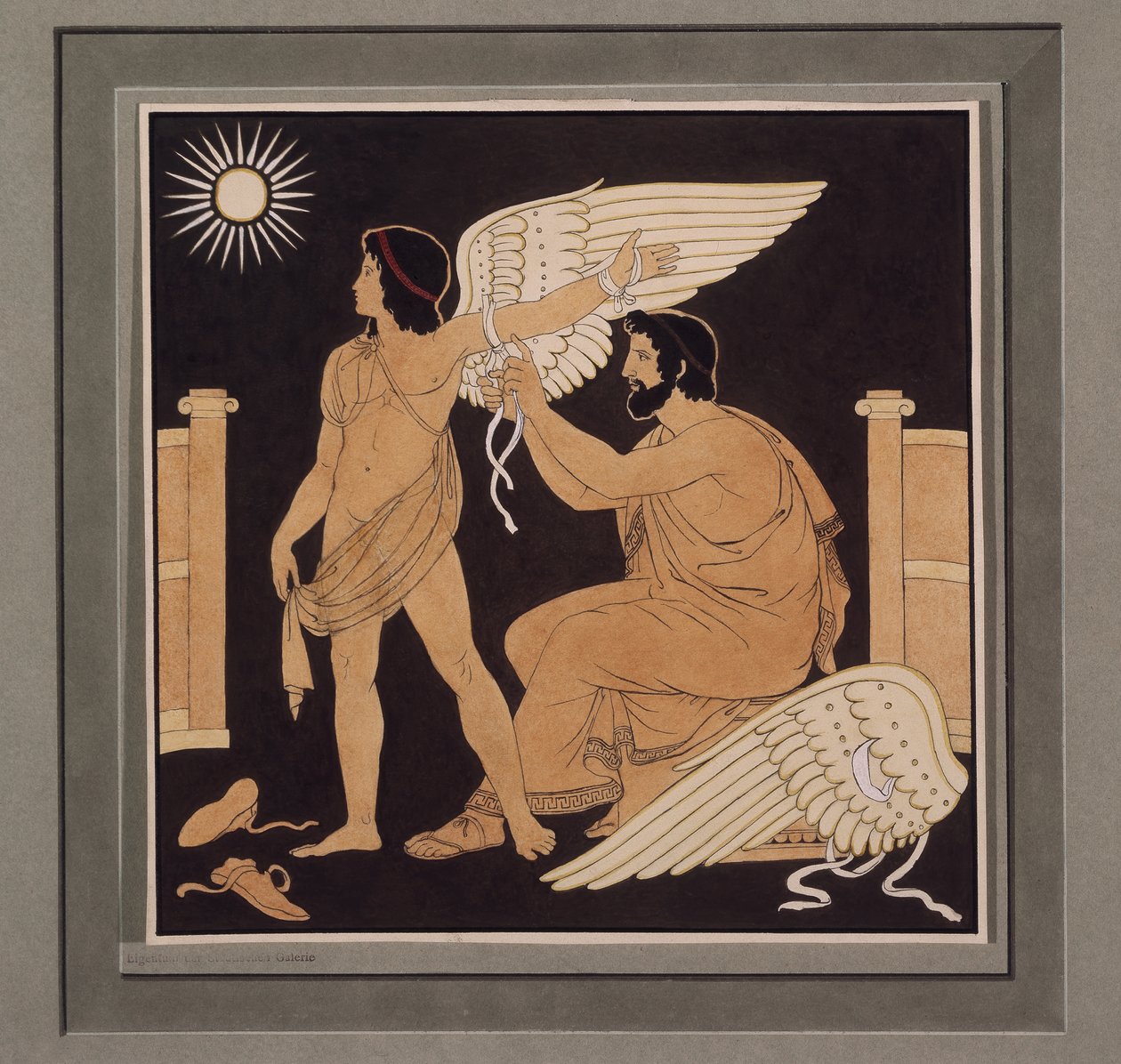 Daedalus bevestigt een vleugel aan Icarus door Philipp Veit