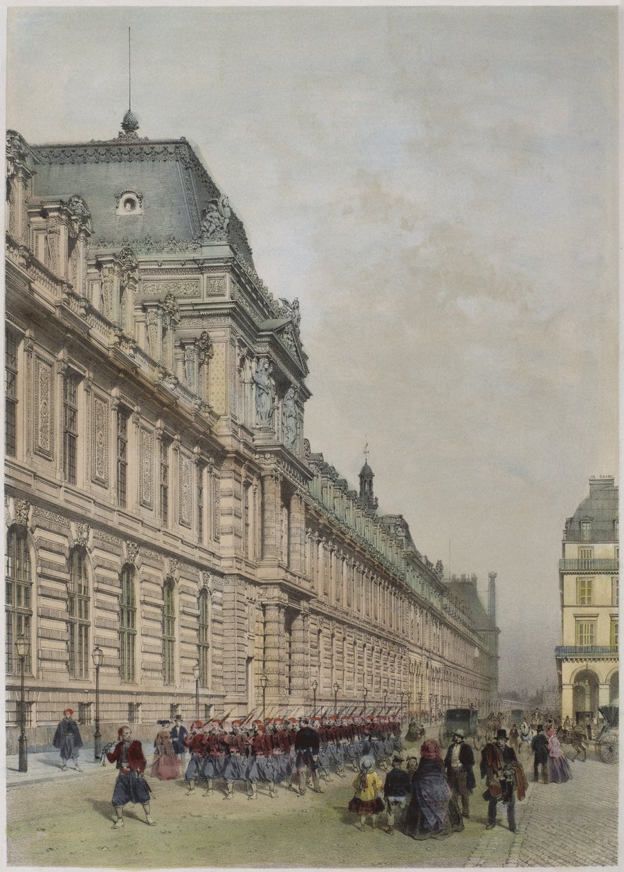 Uitzicht op de nieuwe gevel van het Louvre aan de rue de Rivoli, illustratie uit 