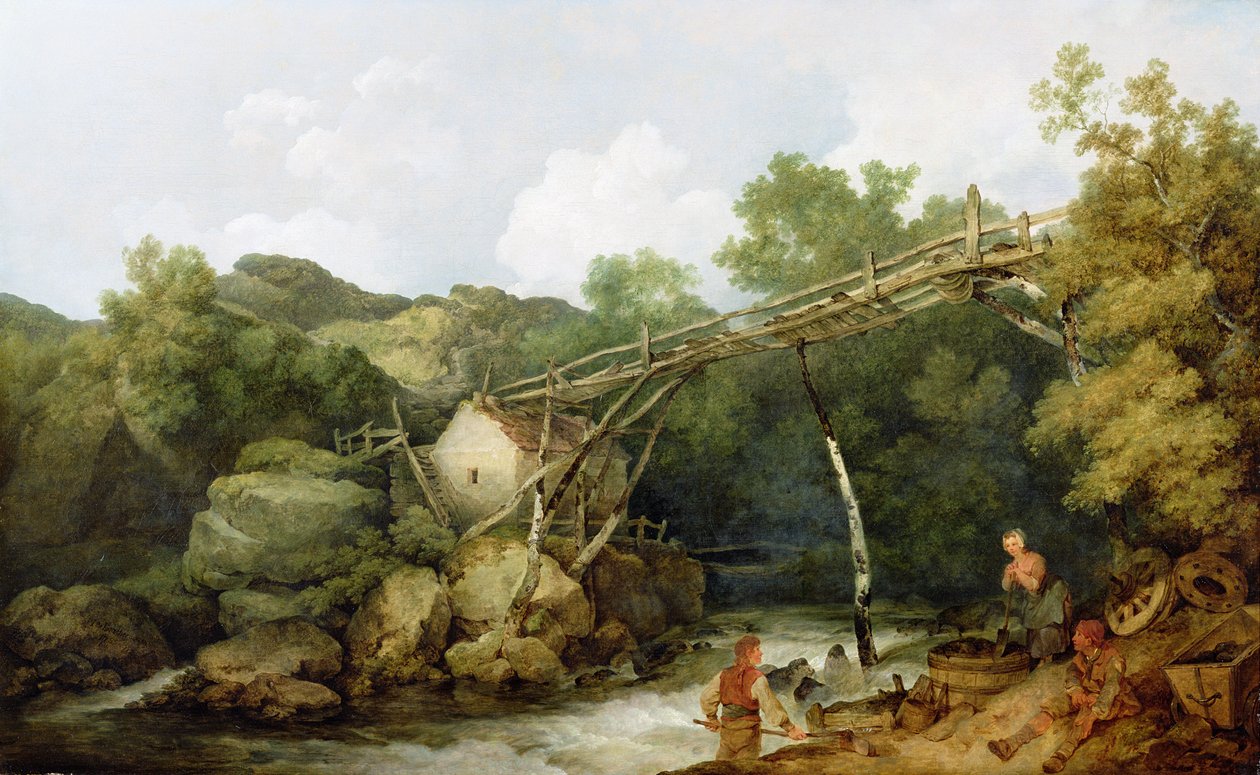 Een uitzicht nabij Matlock, Derbyshire met figuren werkend onder een houten transportband, 1785 door Philippe Jacques de Loutherbourg