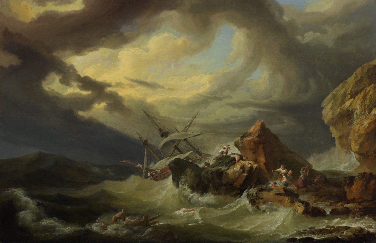 Een schipbreuk voor een rotsachtige kust door Philippe Jacques de Loutherbourg