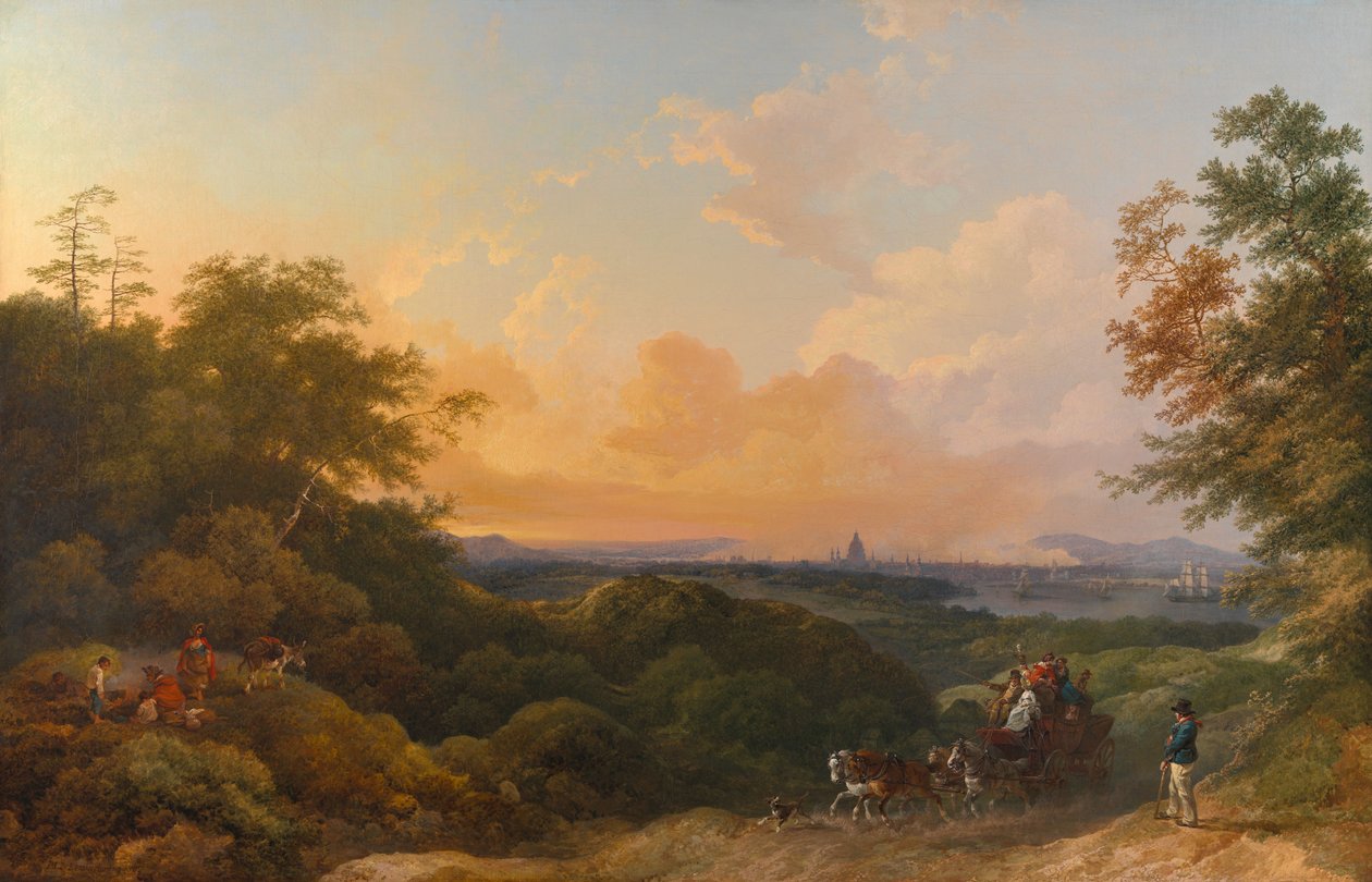 De avondkoets, Londen in de verte door Philippe-Jacques de Loutherbourg