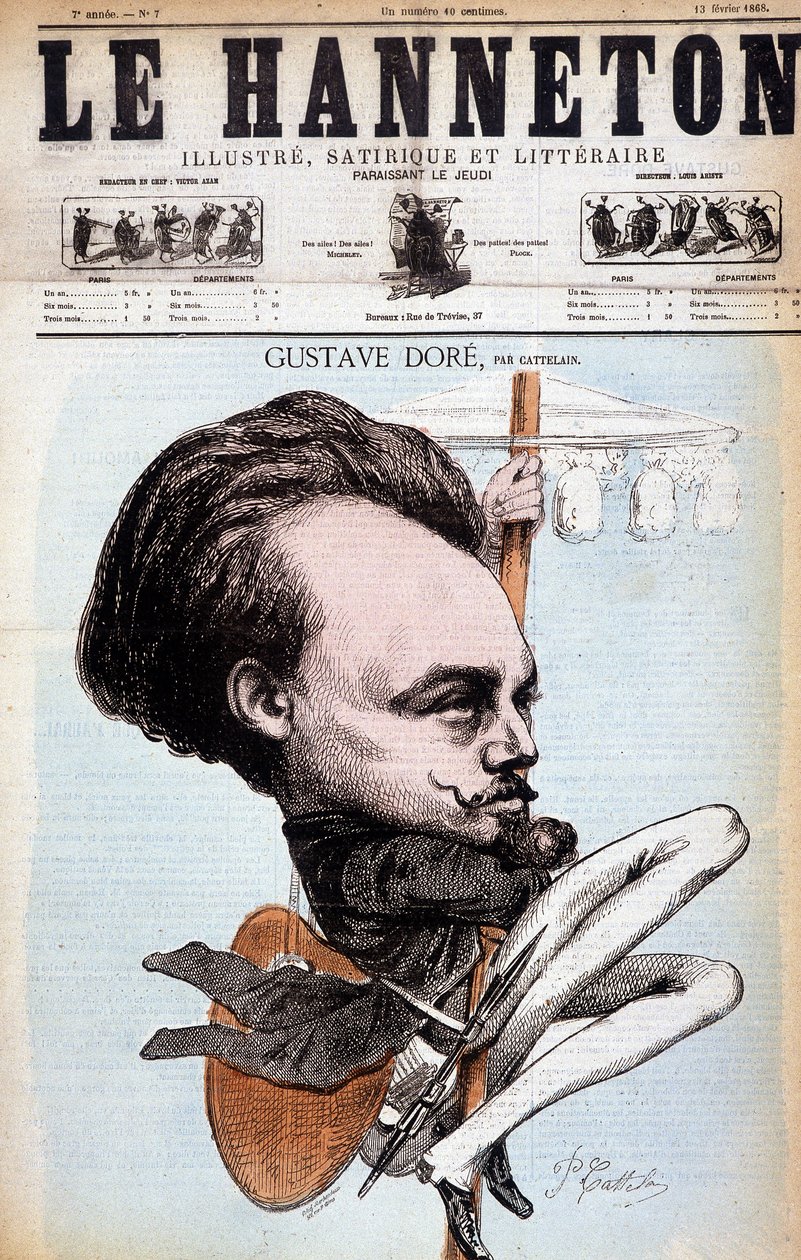 Gustave Doré. Franse tekenaar en schilder (1832 tot 1883). Spotprent door Cattelain. De Hanneton 1868 door Philippe Auguste Cattelain