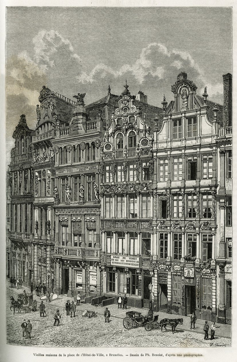 Oude huizen op het stadhuisplein in Brussel. Gravure door Ph. Benoist, ter illustratie van het verhaal van België door Camille Lemonnier, gepubliceerd in de tour du monde, onder leiding van Edouard Charton (1807-1890), Parijs door Philippe Benoist