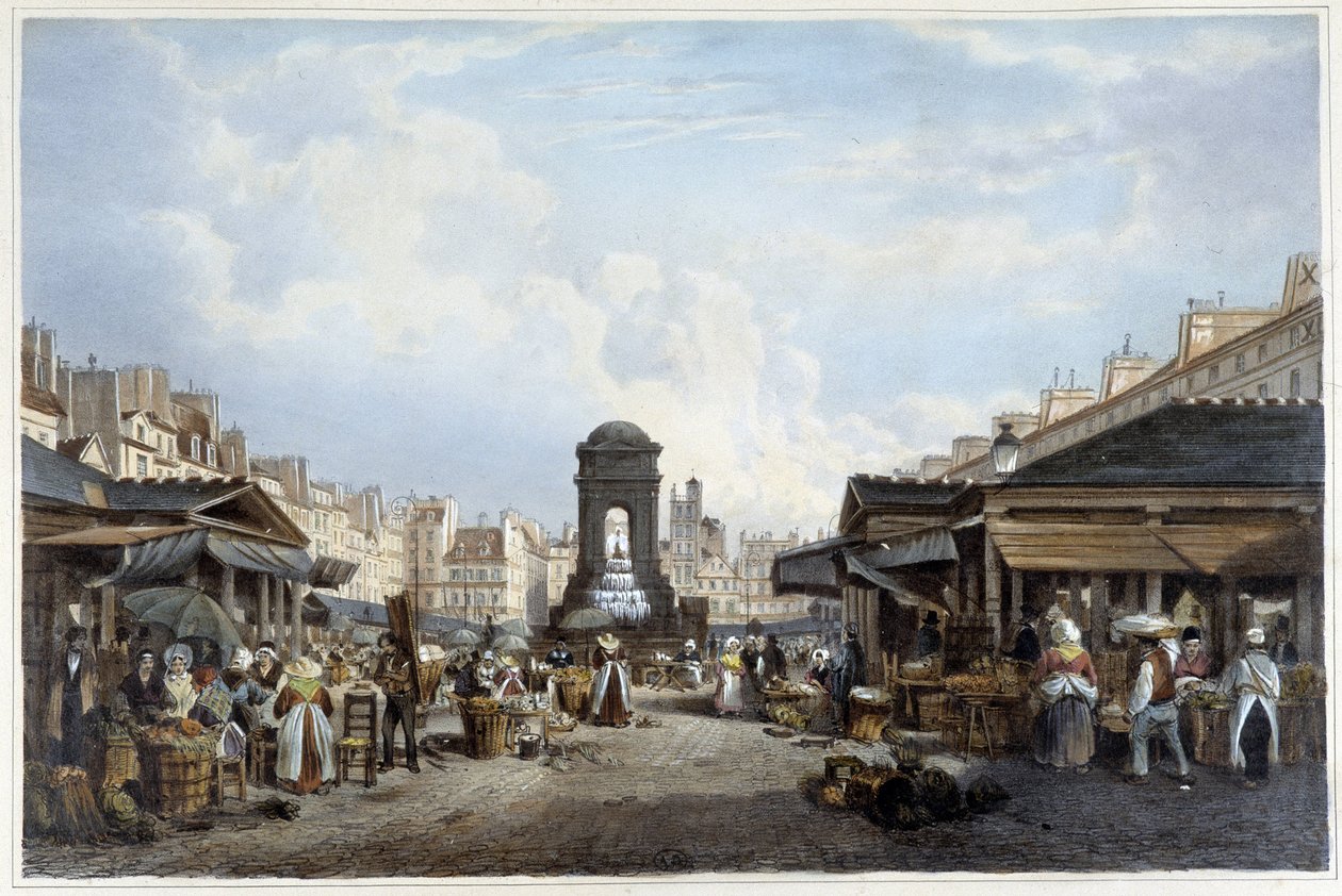 De wandeling rond de fontein van de onschuldigen, ca. 1840 - in "Promenade dans Paris et ses environs", ill. door Jacottet en Benoist, Parijs, ca. 1840 door Philippe Benoist