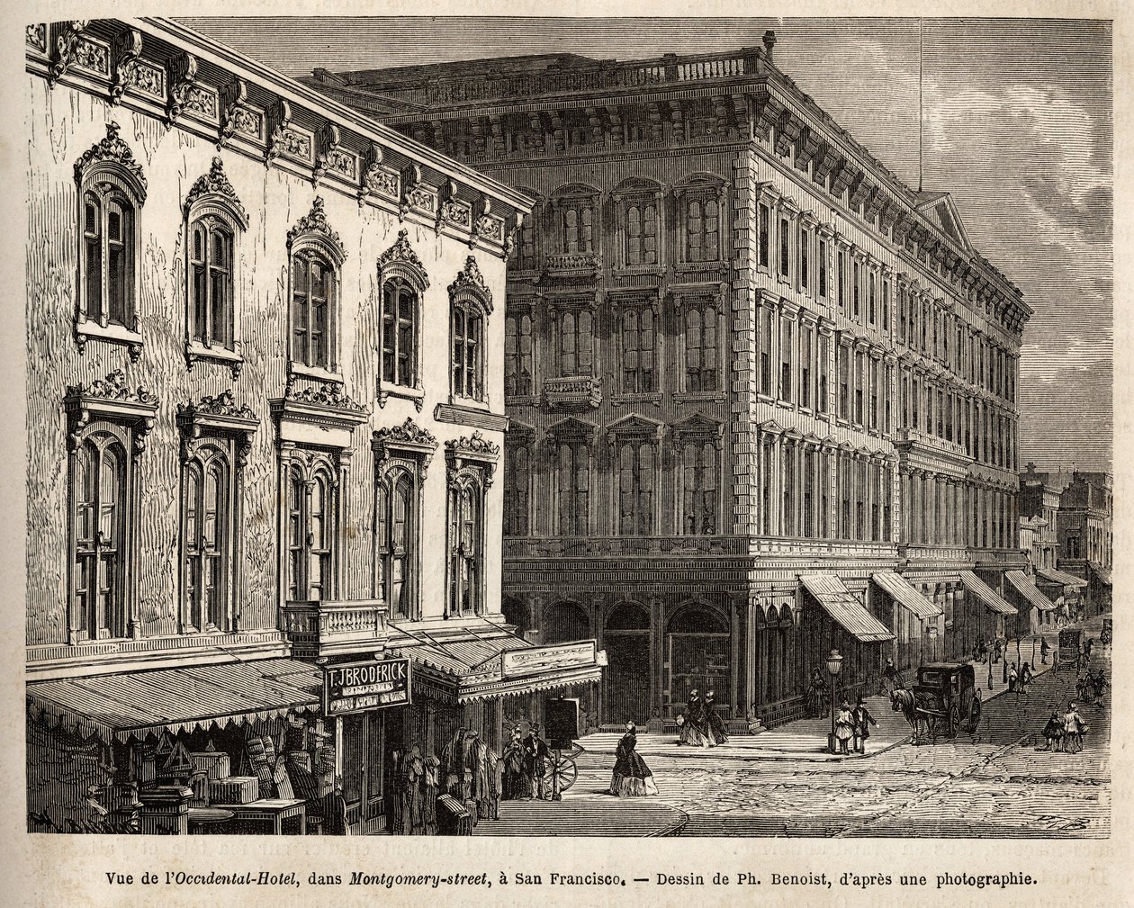 Uitzicht op het Occidental Hotel (Occidental Hotel), in Montgomery-street (Montgomery street), San Francisco (Californië), gravure naar de tekening van Ph. Benoist, ter illustratie van de reis van Washington naar San Francisco, in 1868, door L. Simonin, ge door Philippe Benoist
