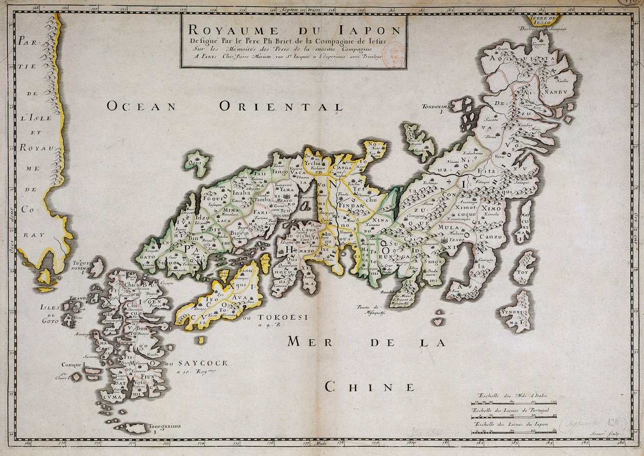 Geografische kaart van Japan gemaakt door pater Philippe Briet, Jezuïet en Franse geleerde door Philippe Briet