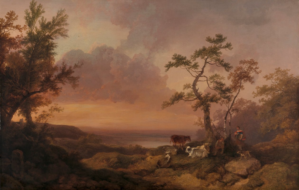 Landschap met vee en boer door Philippe Jacques de Loutherbourg