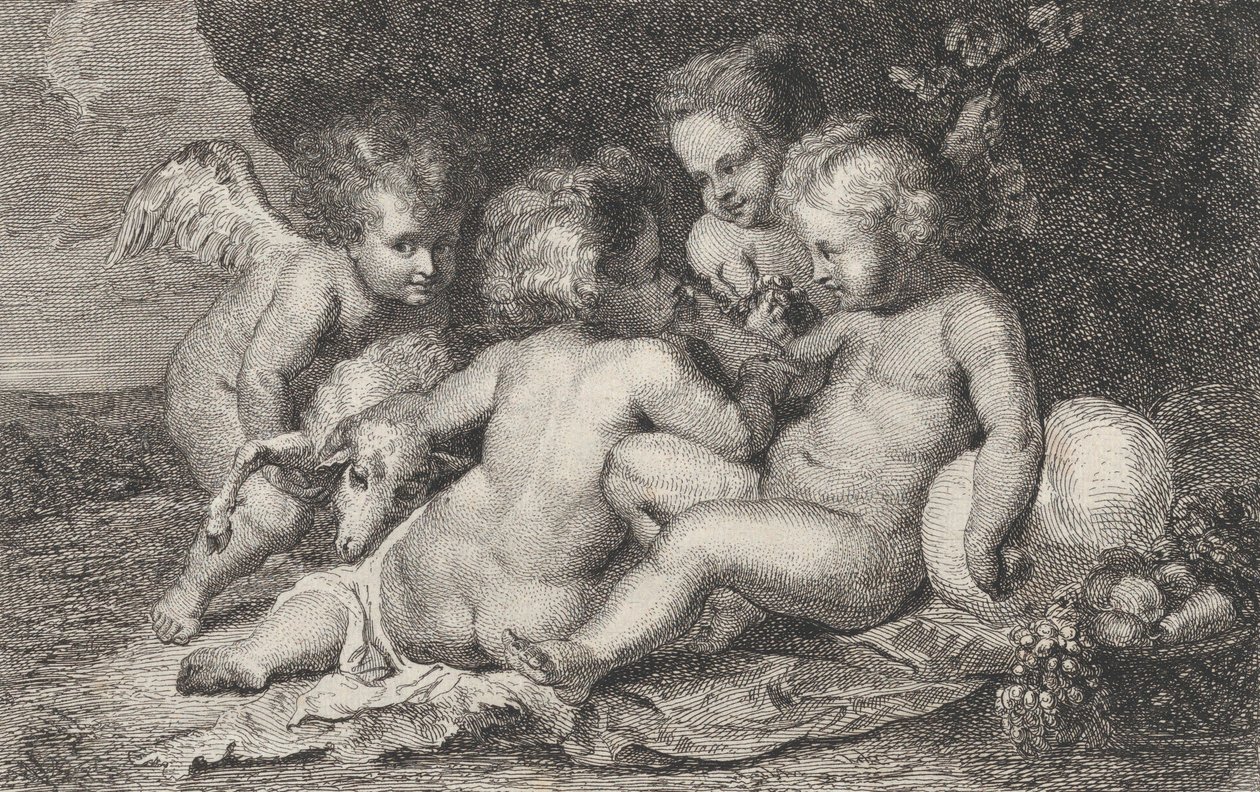 Een groep van drie kinderen en een putto met fruit en een lam, ca. 1760-1801 door Philippe Lambert Joseph Spruyt