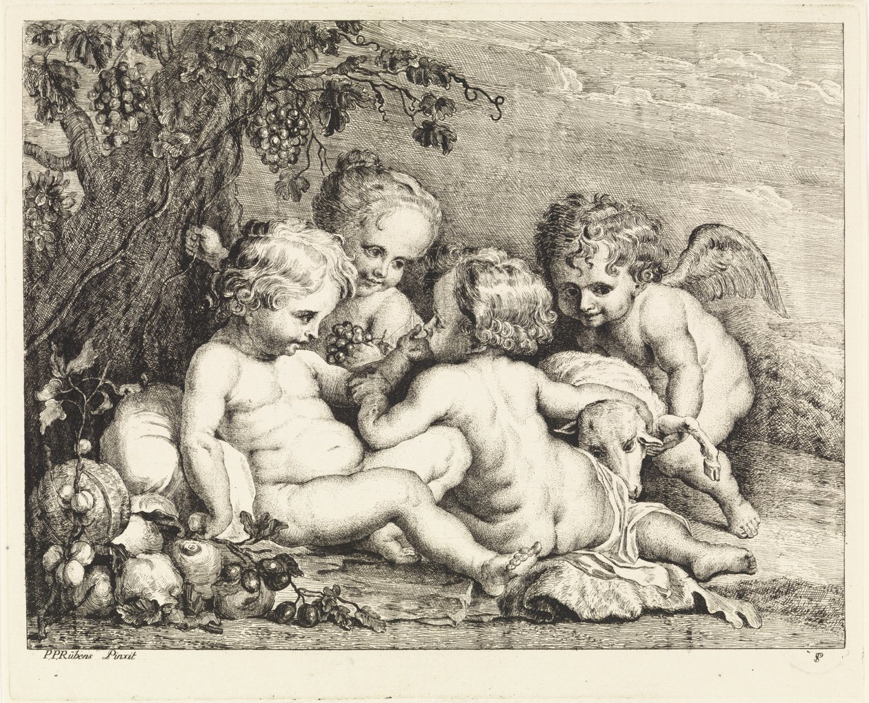 Christus, Johannes de Doper en twee putti door Philippe Lambert Joseph Spruyt