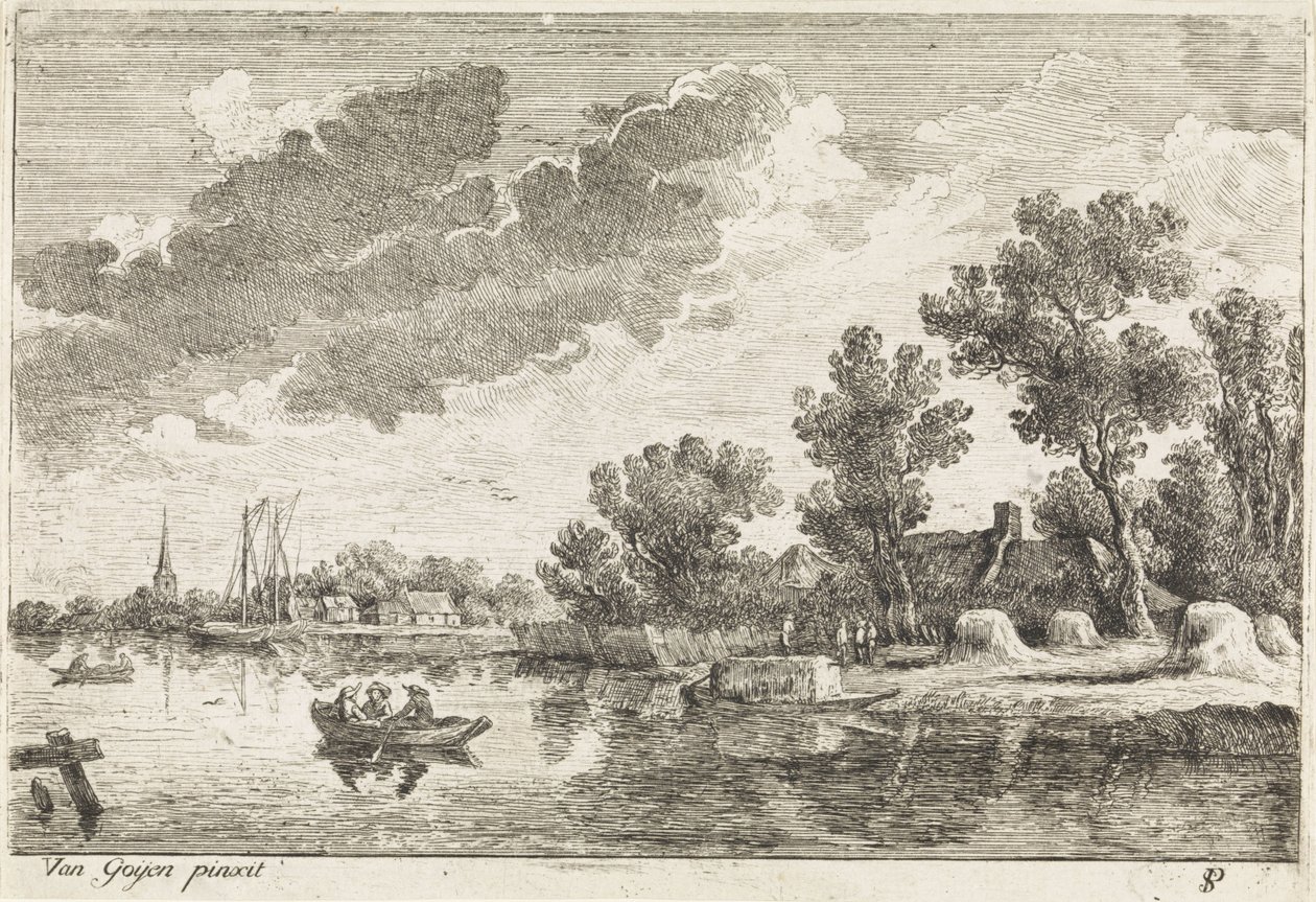 Rivierlandschap met roeiboot door Philippe Lambert Joseph Spruyt