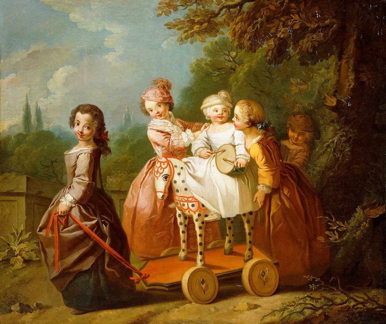 Een Jonge Jongen op een Hobbypaard, met andere Kinderen die in een Tuin Spelen door Philippe Mercier
