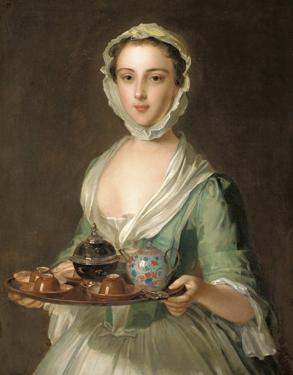 Portret van een jonge vrouw, mogelijk Hannah, de dienstmeid van de kunstenaar, met een theeblad door Philippe Mercier