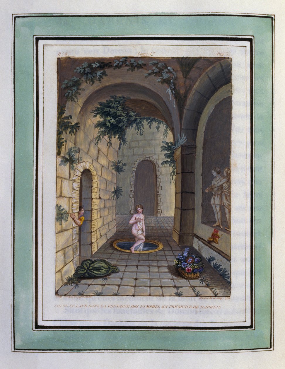Chloe wast zich in de fontein van de nimfen in aanwezigheid van Daphnis. Tekening van Philippe d