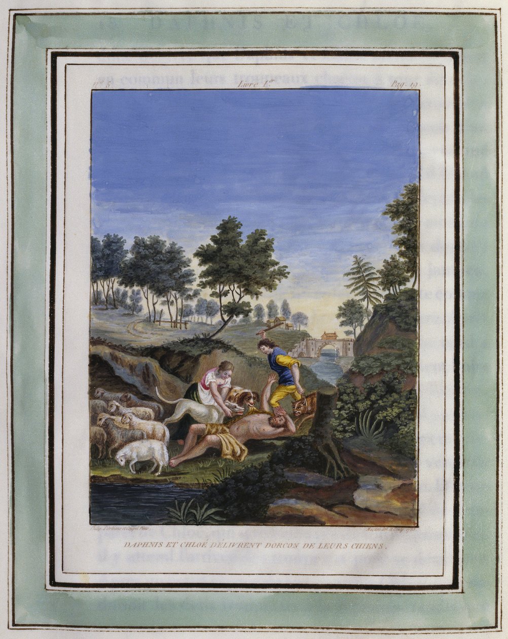 Daphnis en Chloe bevrijden Dorcon van hun honden. Tekening van Philippe d