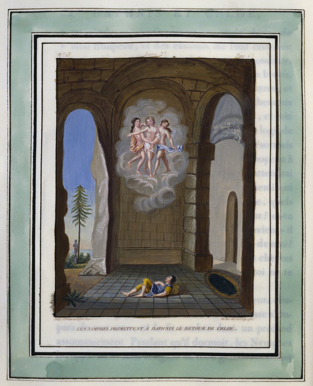 De nimfen beloven Daphnis de terugkeer van Chloe. Tekening van Philippe d