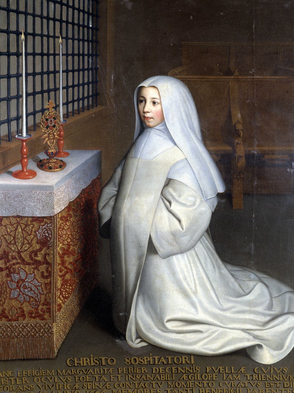 Portret van Marguerite Périer, inwoner van het klooster van Port Royal des Champs en nicht van Pascal ("Aan Christus de Verlosser: Marguerite Périer, een 10-jarig meisje wiens linkeroog werd genezen door contact met de versterkende doorn") door Philippe de (attr. to) Champaigne