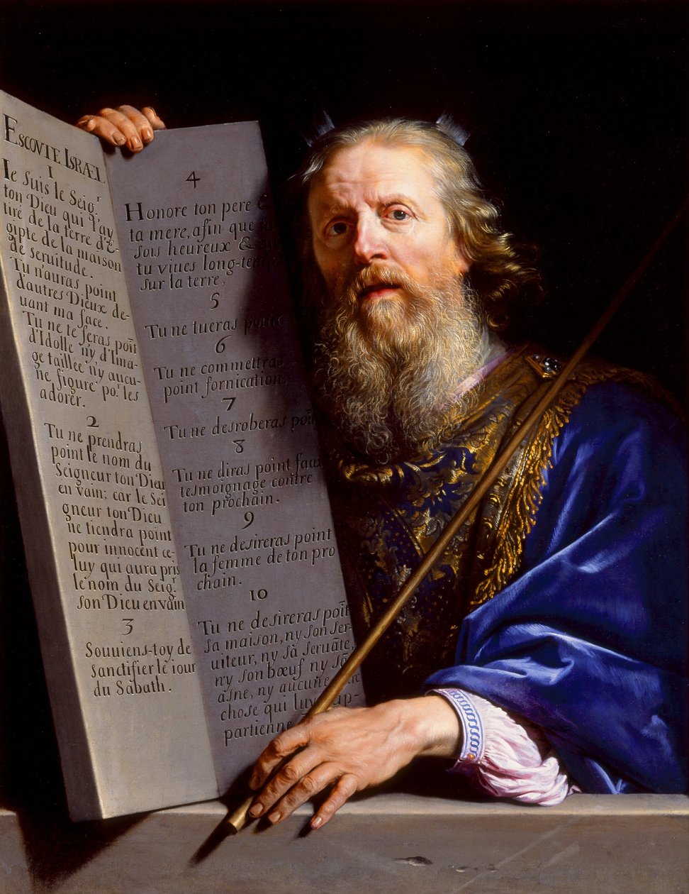 Mozes overhandigt de stenen tafelen met de wet door Philippe de Champaigne