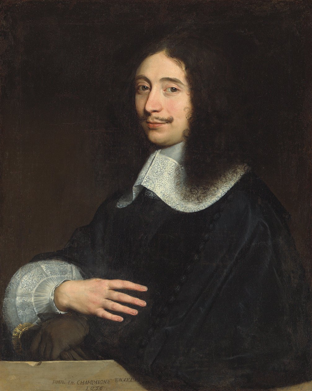 Portret van een Heer, Traditioneel Geïdentificeerd als Noël de Bullion, Halflang, in Zwart met Kantkraag en Mouw, zijn Handschoenen in zijn Linkerhand, 1656 door Philippe de Champaigne