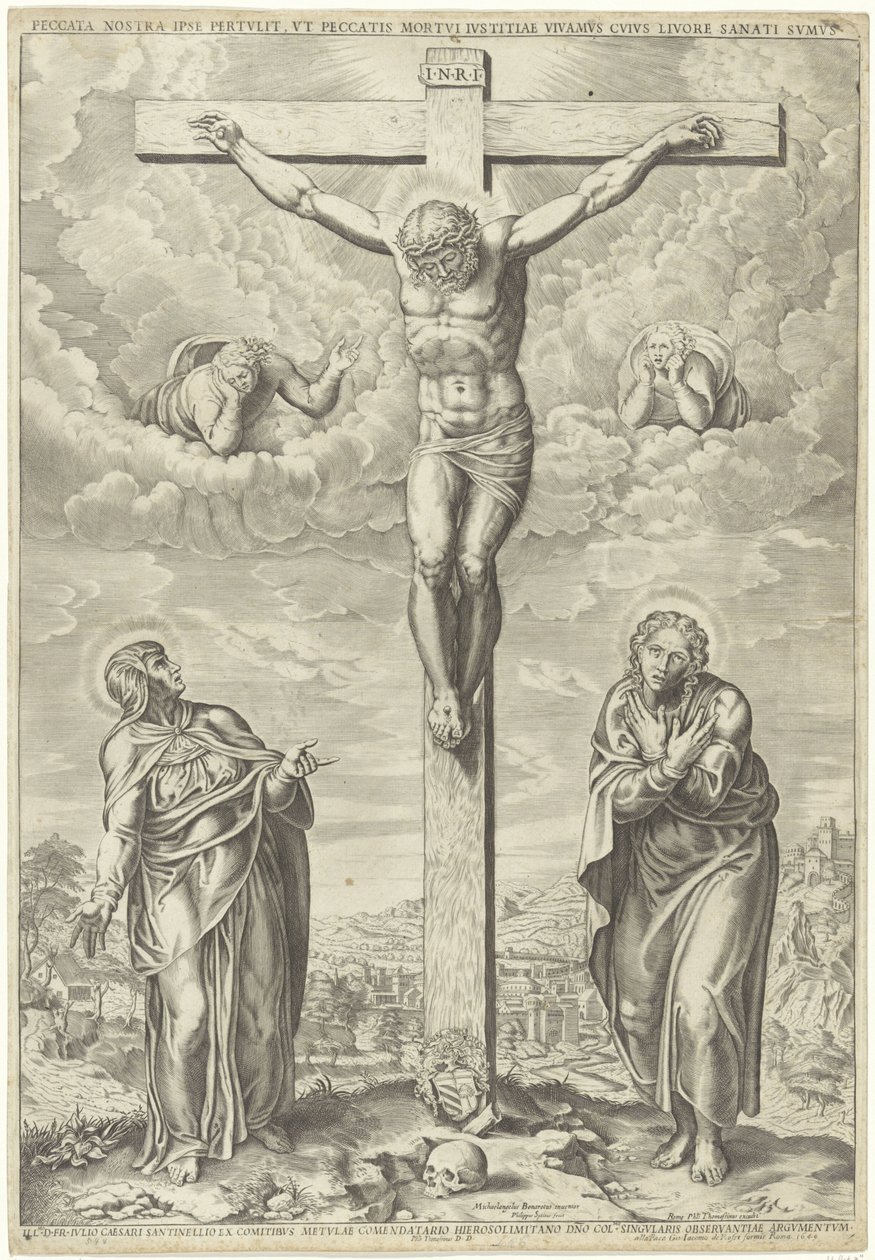 Christus aan het kruis geflankeerd door Maria en Johannes in een landschap door Philippe de Soye
