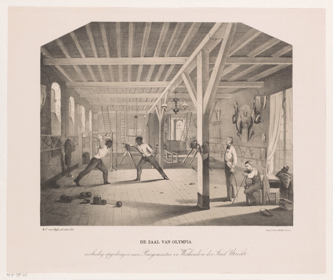Gezicht in de scherm- en gymnastiekzaal van het studentengezelschap Olympia door Philippus Anthonius Alexander Kanne