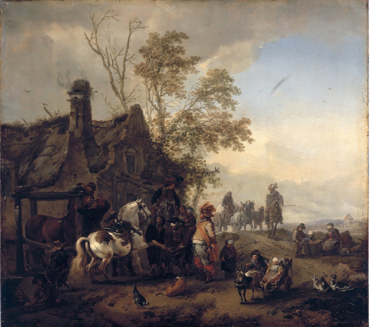 Een gevlekte paard buiten de smederij door Philips Wouwerman