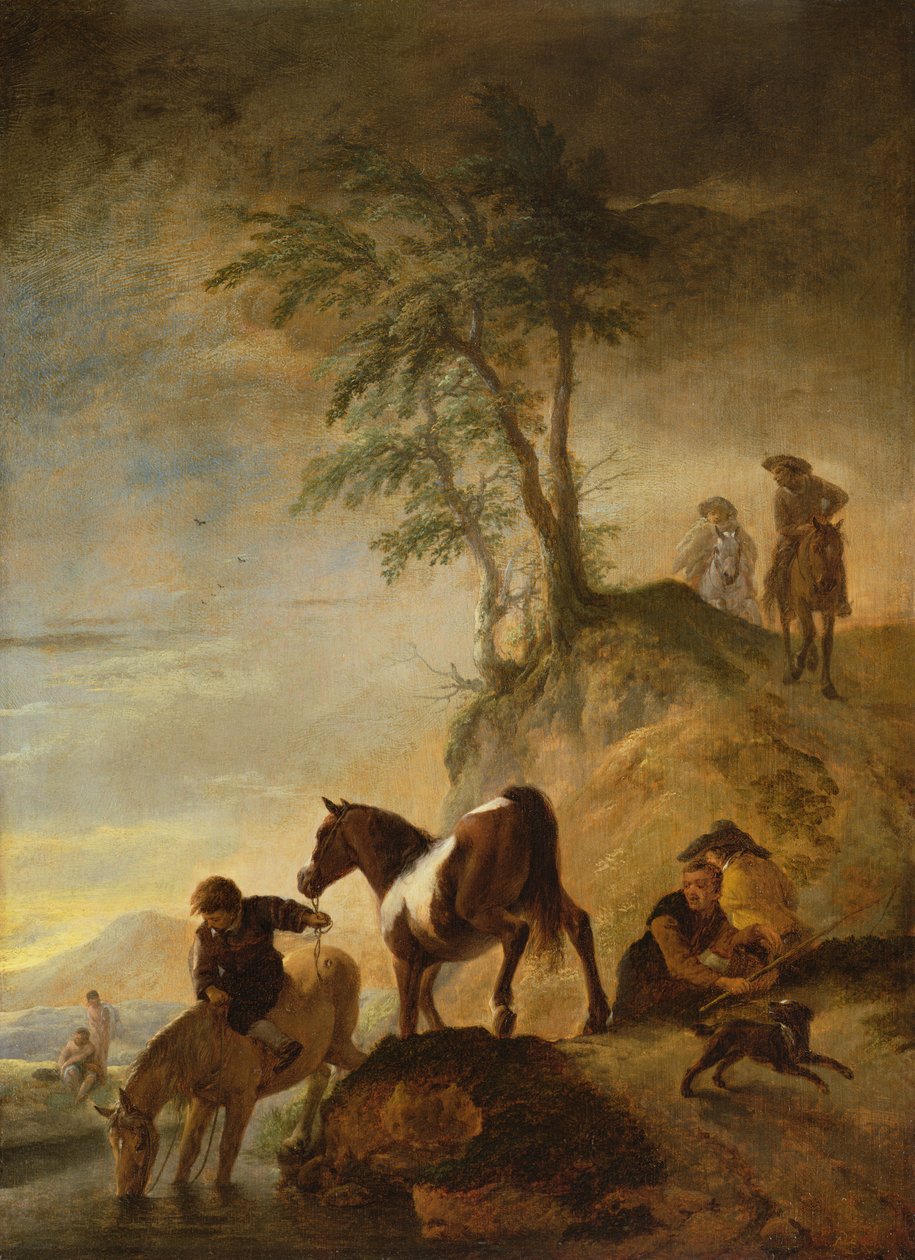 Ruiters die hun paarden drenken door Philips Wouwerman