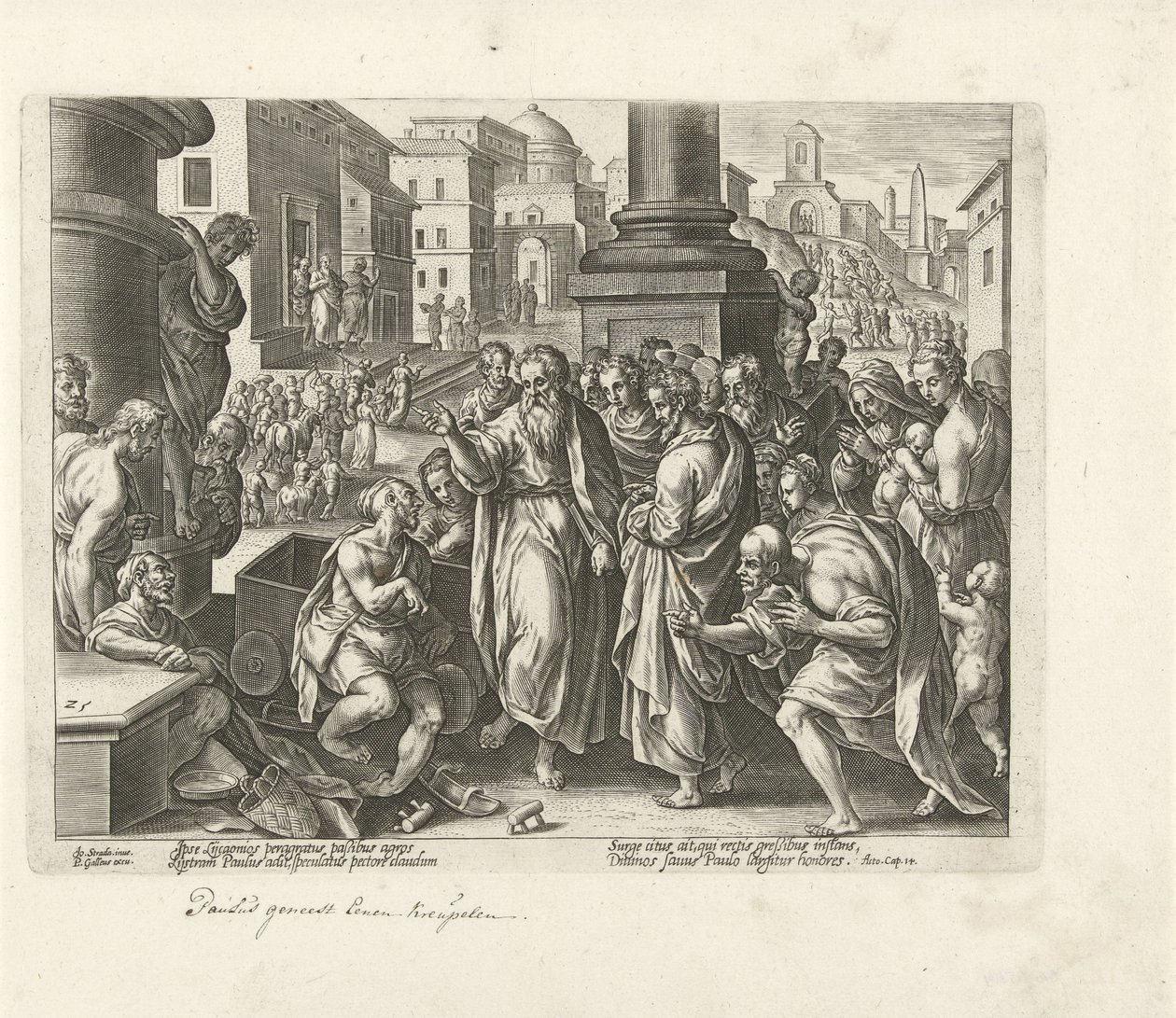 Paulus geneest een kreupele te Lystra door Philips Galle (possibly)