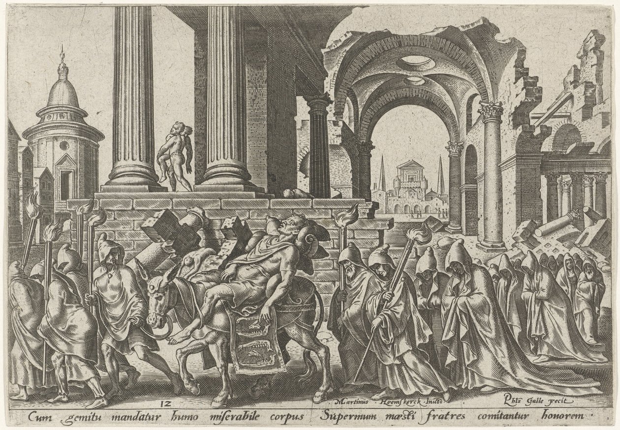 Begrafenis van Simson (De onheilsdagen van het Joodse volk) door Philips Galle