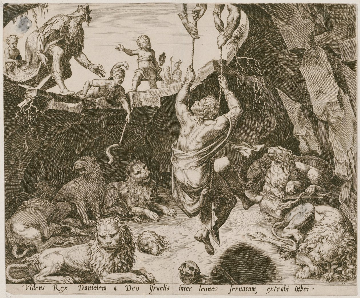 Daniël wordt bevrijd uit de leeuwenkuil, blad 9 uit de reeks "De geschiedenis van Daniël, Bel en de draak" door Philips Galle