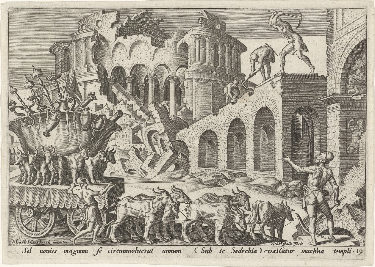 De Chaldeeën plunderen de tempel van Jeruzalem De onheilsdagen van het Joodse volk (serietitel) door Philips Galle