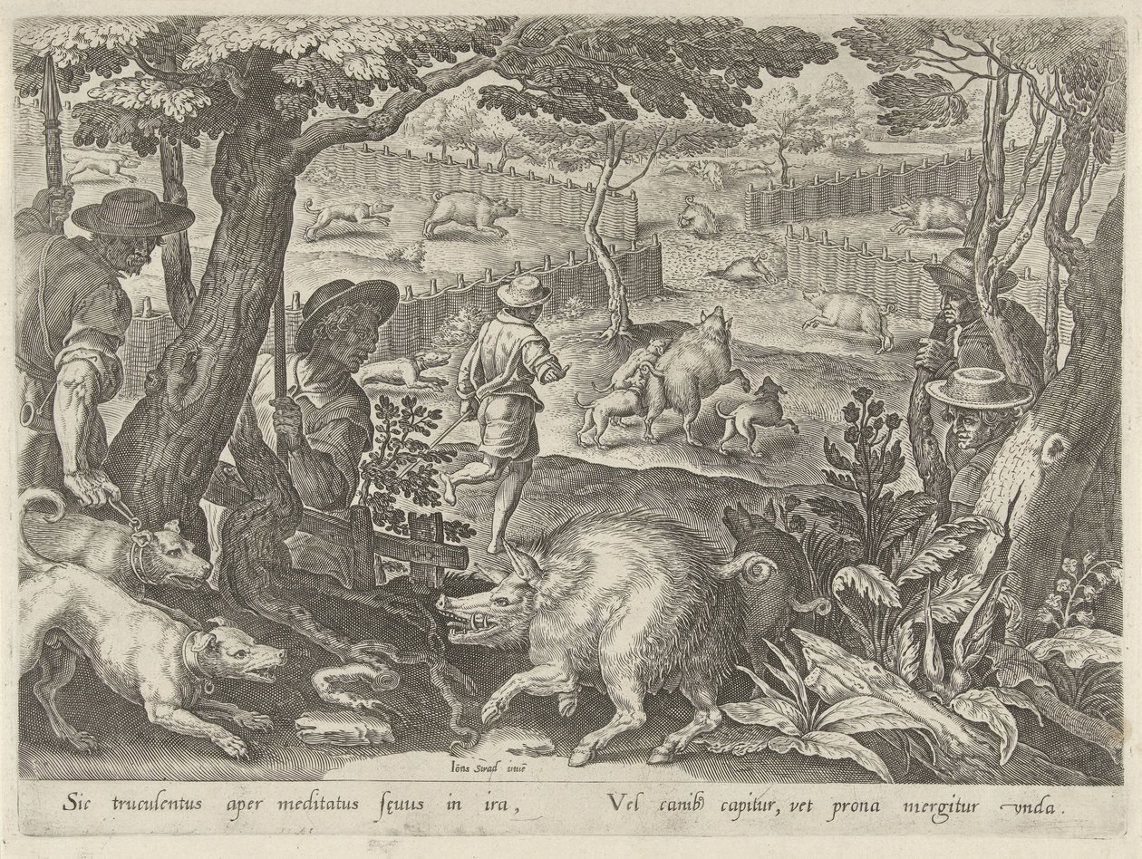Drijfjacht op zwijnen (Jachttaferelen) door Philips Galle