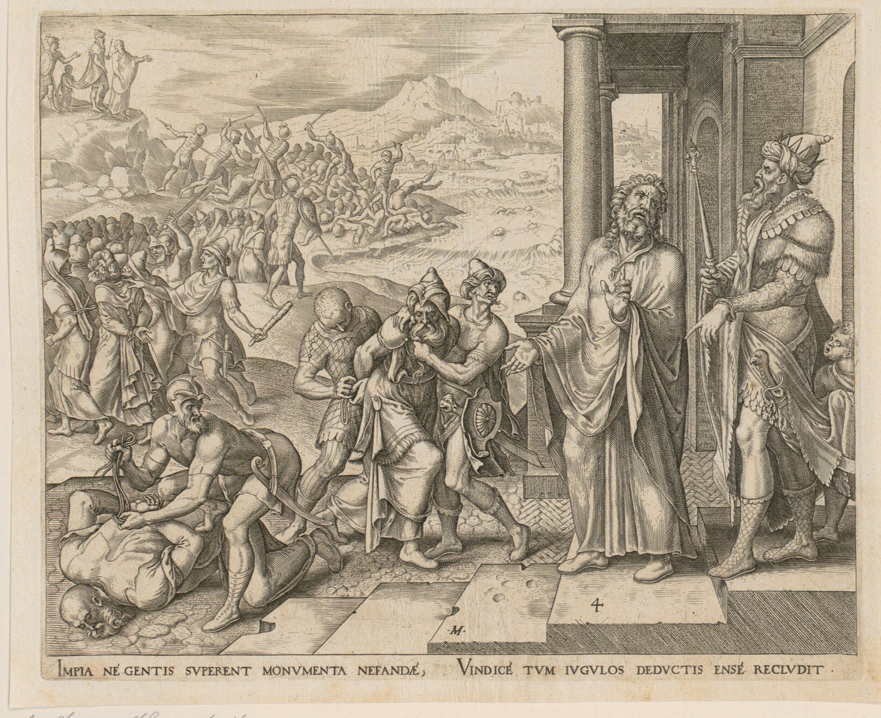 Gevangenneming en doding van de priesters van Baäl, blad 4 uit de reeks „Het verhaal van Elia en de priesters van Baäl“ door Philips Galle