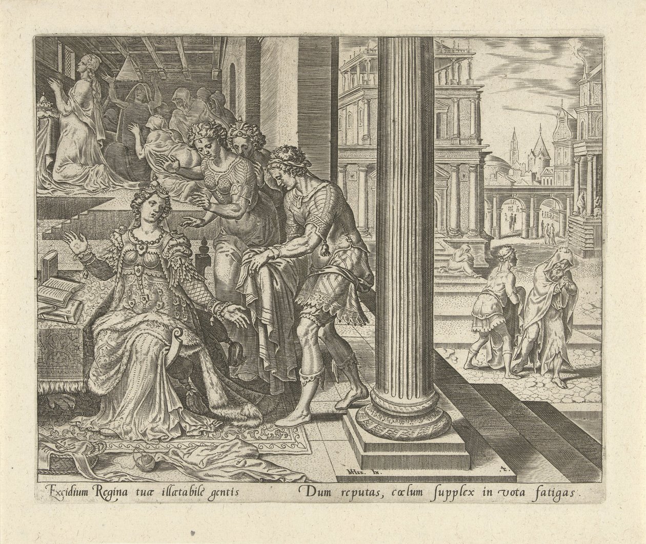 Ester hoort van haar dienstmeisjes dat Mordekai rouwkleren draagt Geschiedenis van Ester door Philips Galle