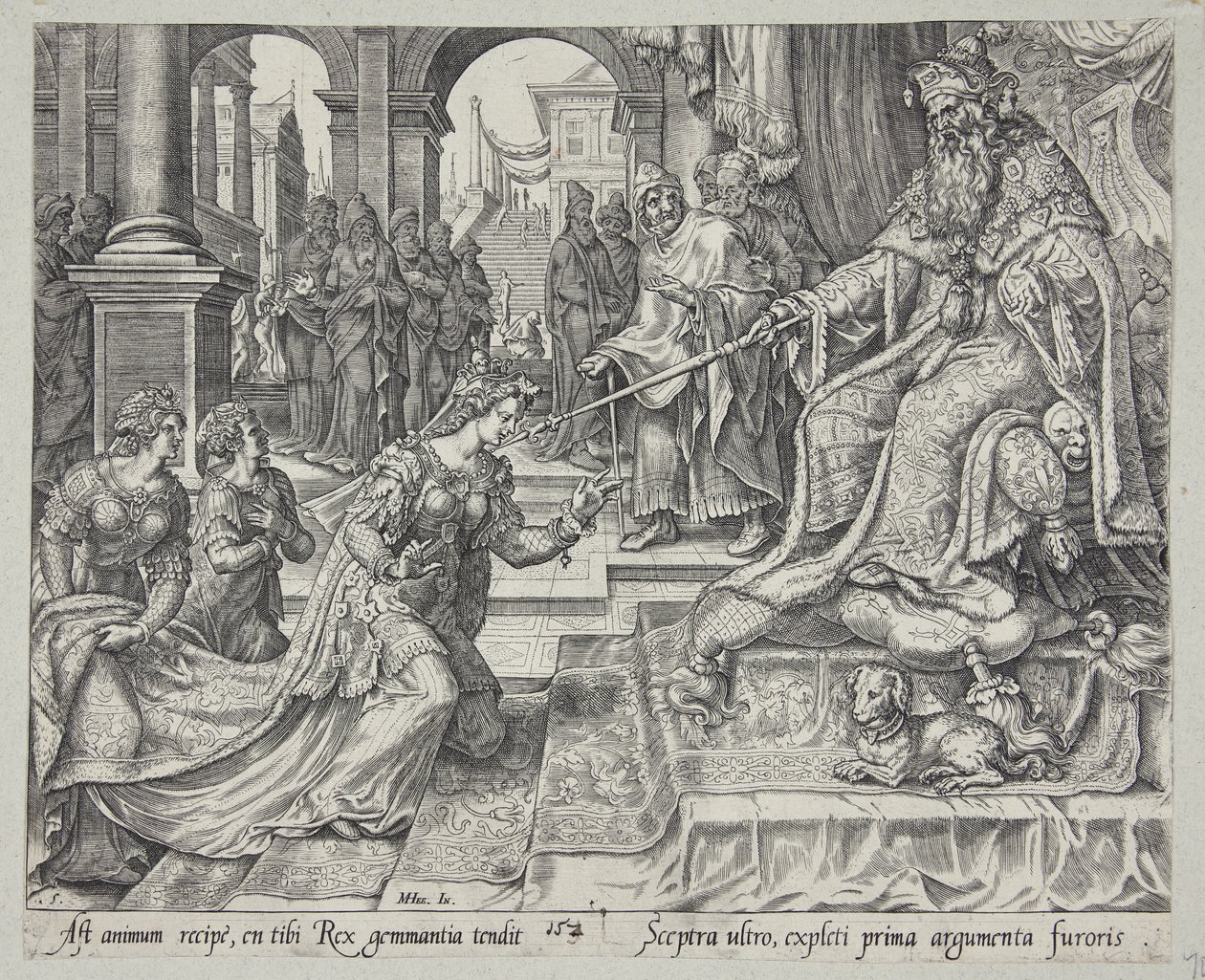 Esther voor Ahasveros, hem uitnodigend voor een banket door Philips Galle
