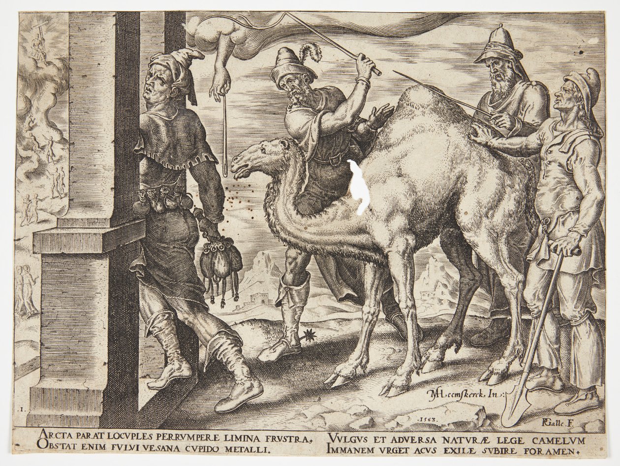 Het is gemakkelijker voor een kameel om door het oog van een naald te gaan dan voor een rijke man om het Koninkrijk van God binnen te gaan door Philips Galle