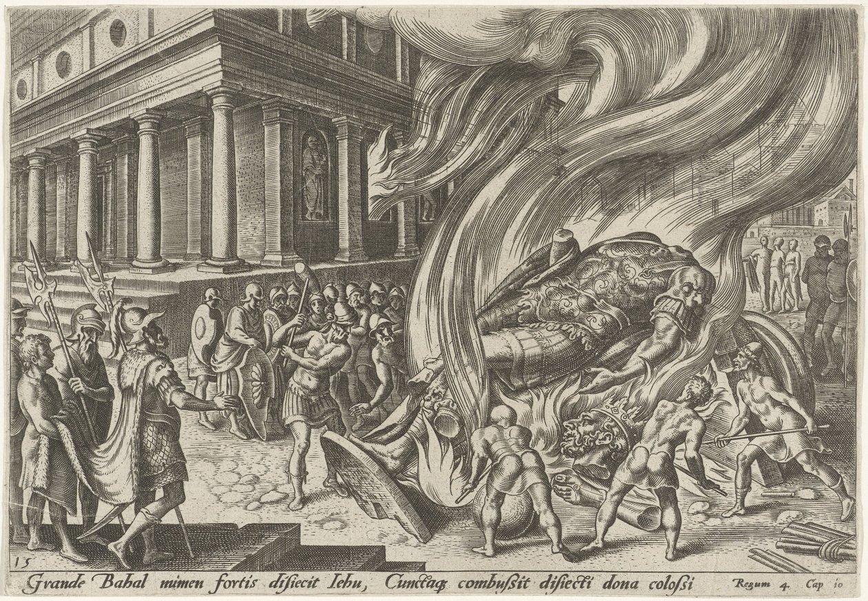 Jehu verwoest de tempel en het beeld van Baal door Philips Galle